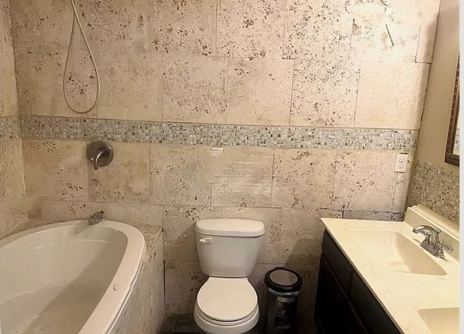 Hair dryer, towels, soap, shampoo