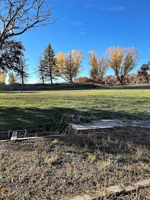 A grassy field with trees in the background and a wooden structure in the foreground. - Nordic Nook with stars and mountain/color views, cozy and close to town (Durango)