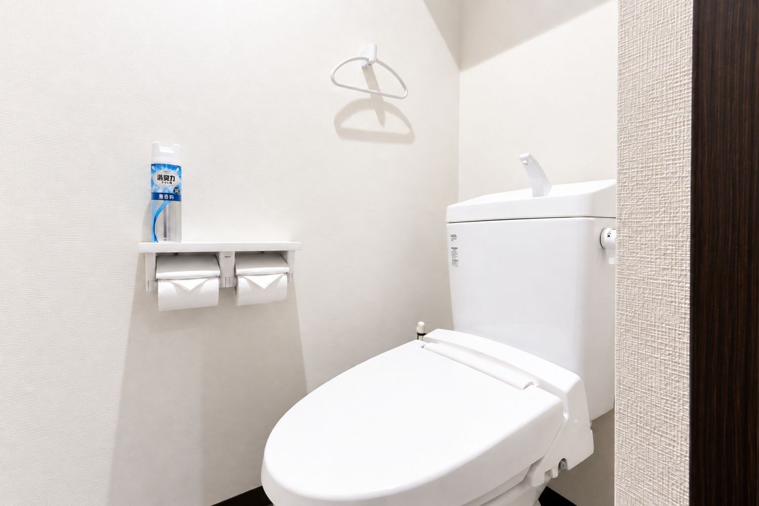 Eine weiße Toilette mit Tank und Spülhebel, ein Toilettenpapierhalter mit zwei Rollen sowie eine an der Wand befestigte Leuchte.