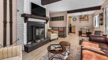 Smart TV, fireplace, books