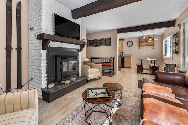 Smart TV, fireplace, books