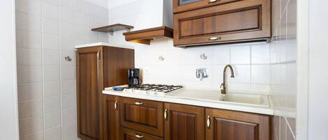 A compact kitchen with wooden cabinets, a gas stove, and a sink.