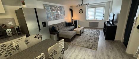 Smart TV, fireplace, books