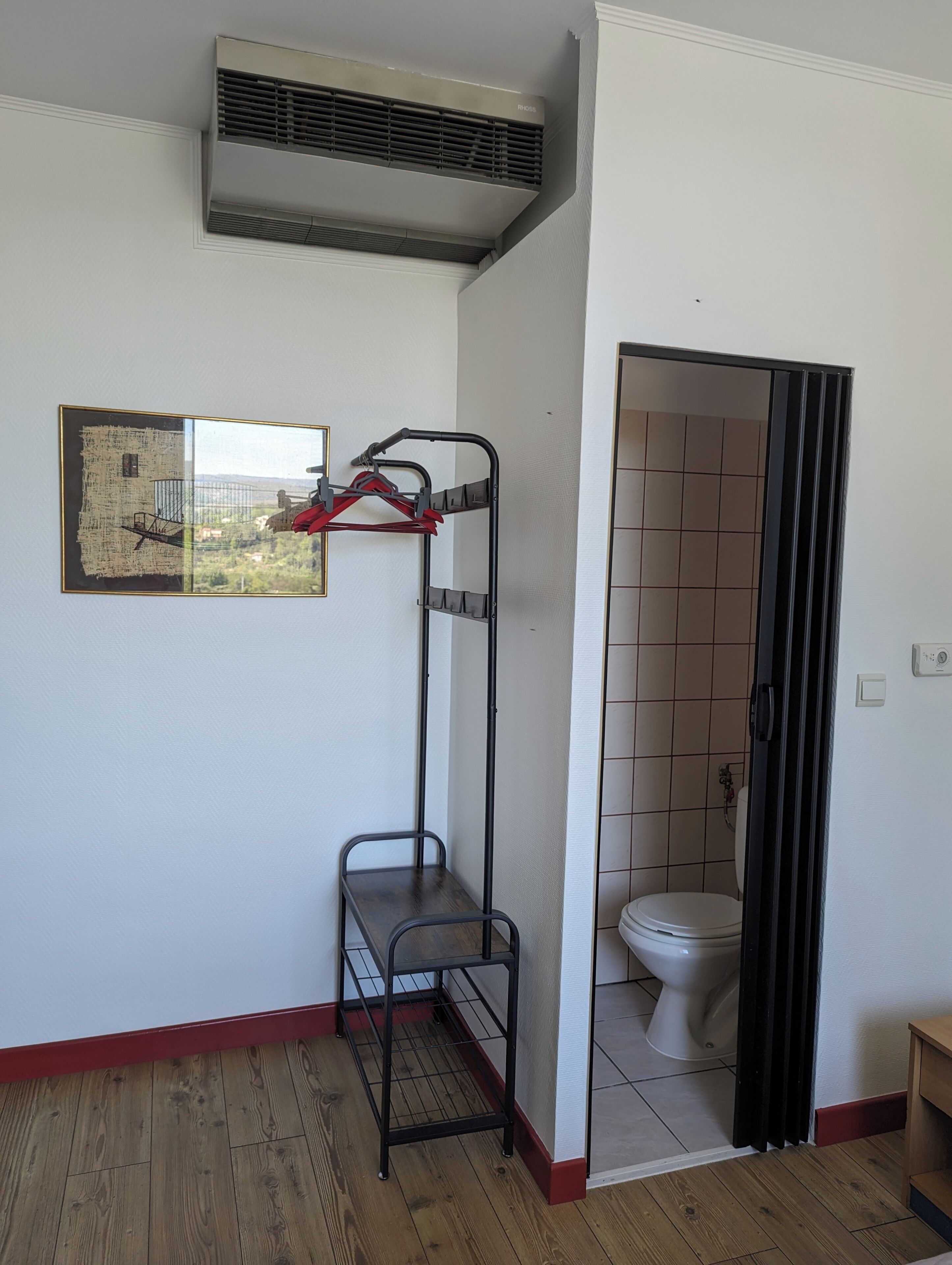 Una habitación con un perchero metálico, un cuadro enmarcado, un inodoro y suelo de madera.