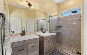 Hair dryer, towels, soap, shampoo