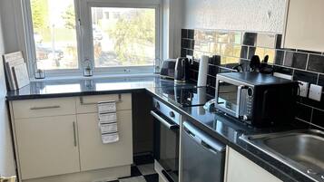 Fridge, microwave, oven, coffee/tea maker