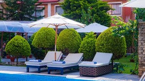 A pool area with lounge chairs and umbrellas, surrounded by neatly trimmed bushes and a building with balconies. - Temple Himalaya Hotel & Spa (Pokhara)