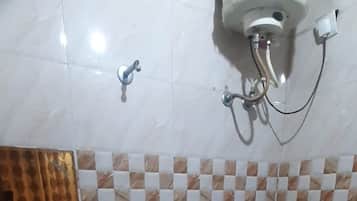 Shower, rainfall showerhead, towels, soap
