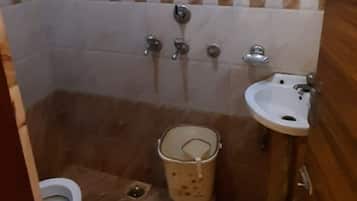 Shower, rainfall showerhead, towels, soap