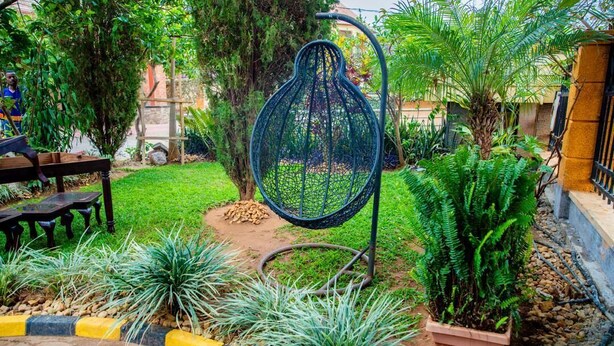 A garden with a hanging chair, a wooden bench, and various plants.