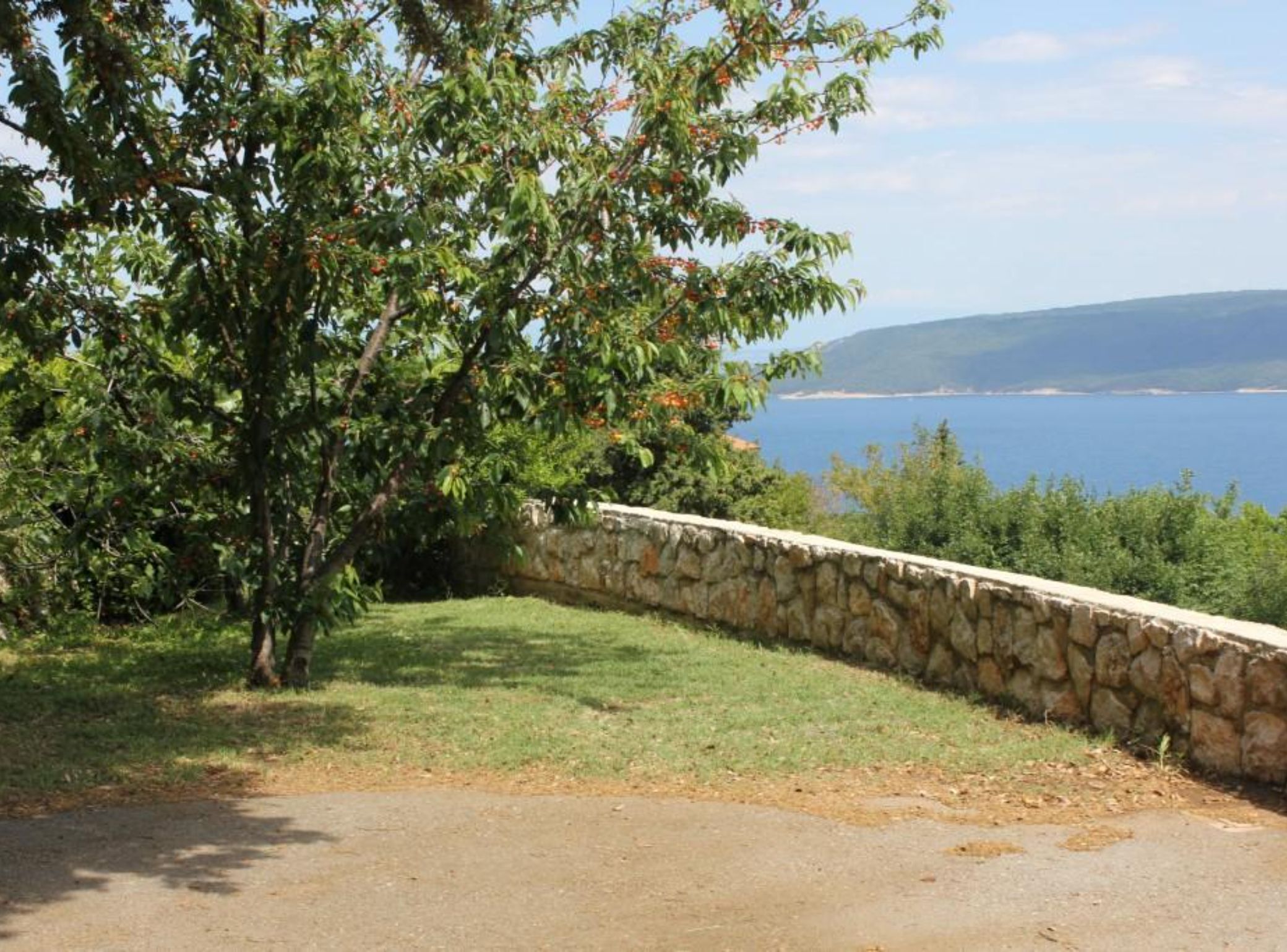 A stone wall with a grassy area and a tree in the foreground, overlooking a body of water and distant land.