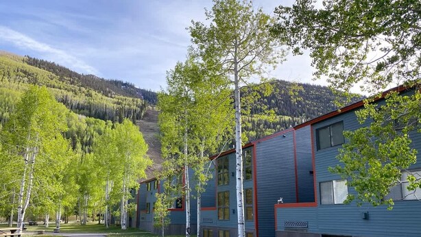 A row of modern buildings with a pathway leading to a bench, surrounded by birch trees and a mountainous backdrop. - Telluride Lodge, Your mountain gateaway with amazing service and very affordable (Telluride)