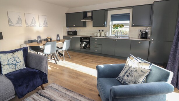 A modern kitchen with grey cabinets, a dining area with a table and chairs, and a living room with a sofa and a rug. - THE BOATHOUSE, family friendly in Carrigaholt, County Clare (Kilkee)