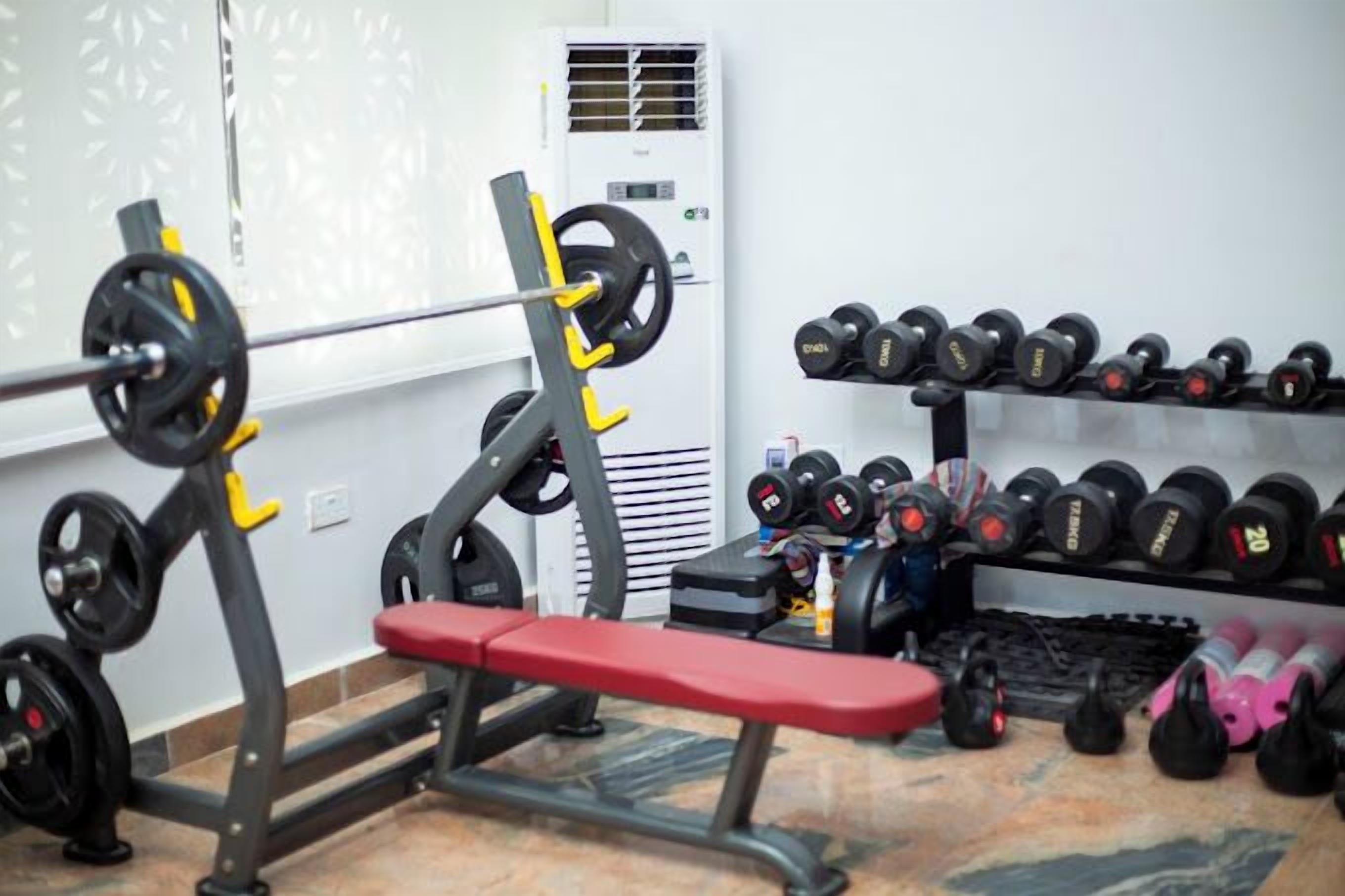A gym with weightlifting equipment, a bench, and a rack of dumbbells.