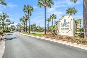 Une route menant à Sterling Shores, un hôtel doté d’un bâtiment moderne et bordé de palmiers.