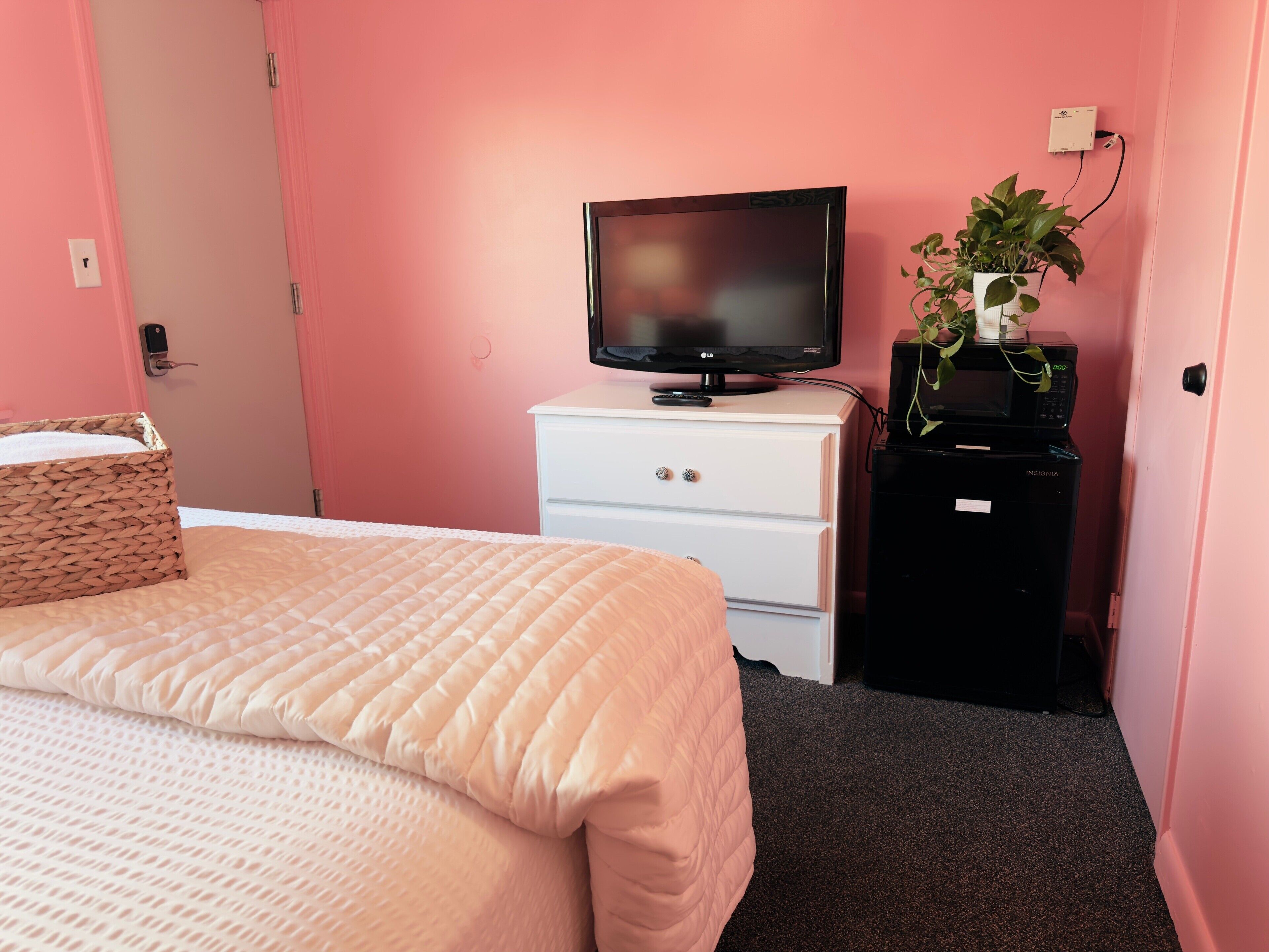 A bedroom with a bed, a TV, a dresser, a microwave, and a potted plant.