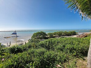 Vista costera con playa, un velero y abundante vegetación.