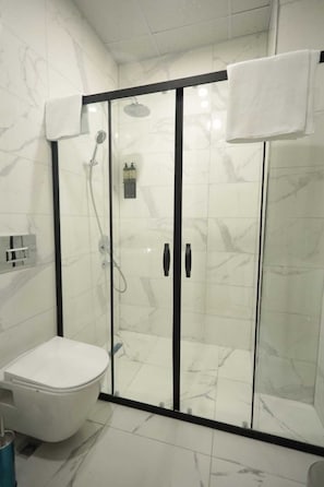 Douche, articles de toilette gratuits, sèche-cheveux, chaussons