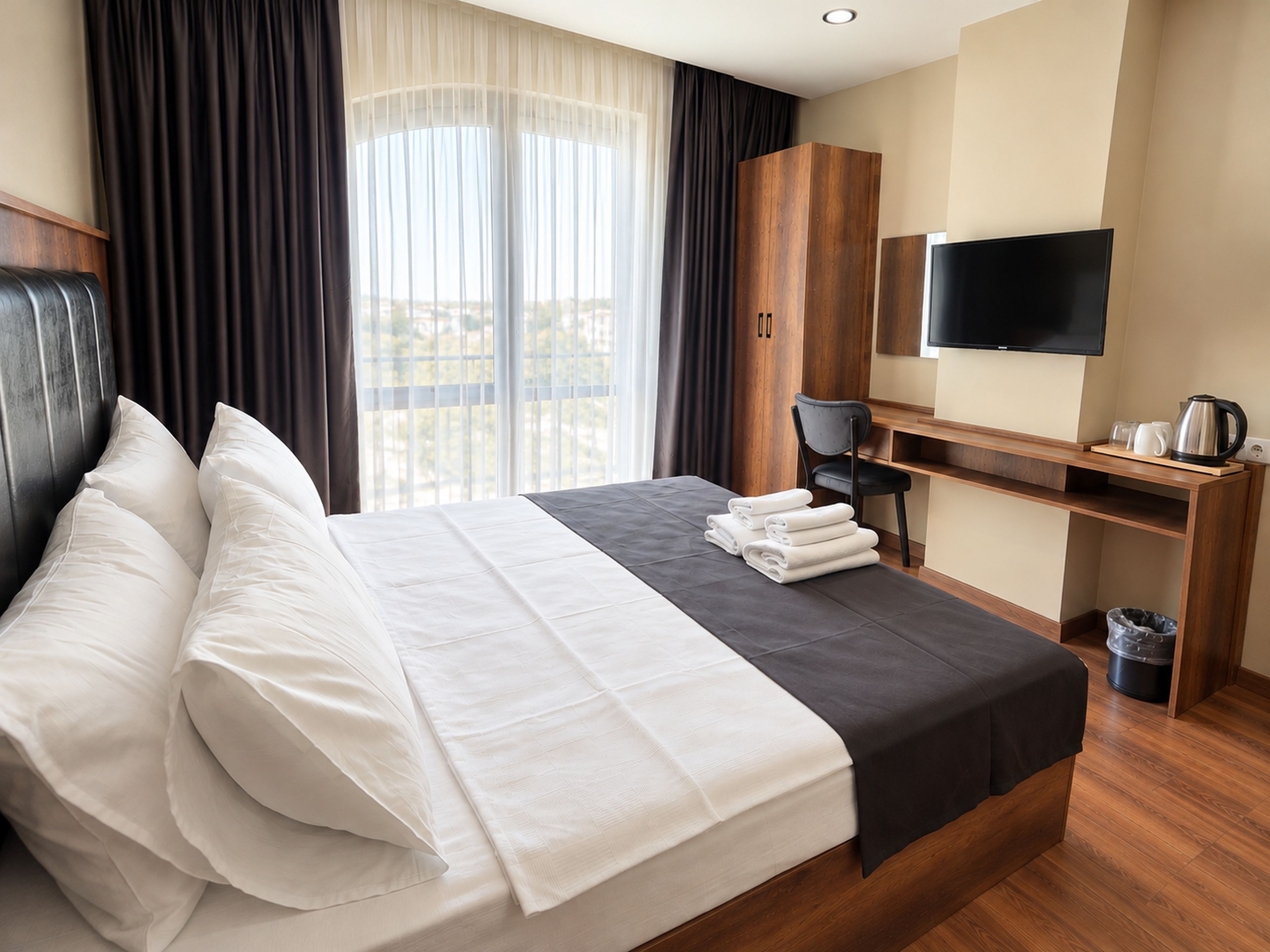 Una habitación de hotel con cama, escritorio, silla, televisión y ventana con cortinas.