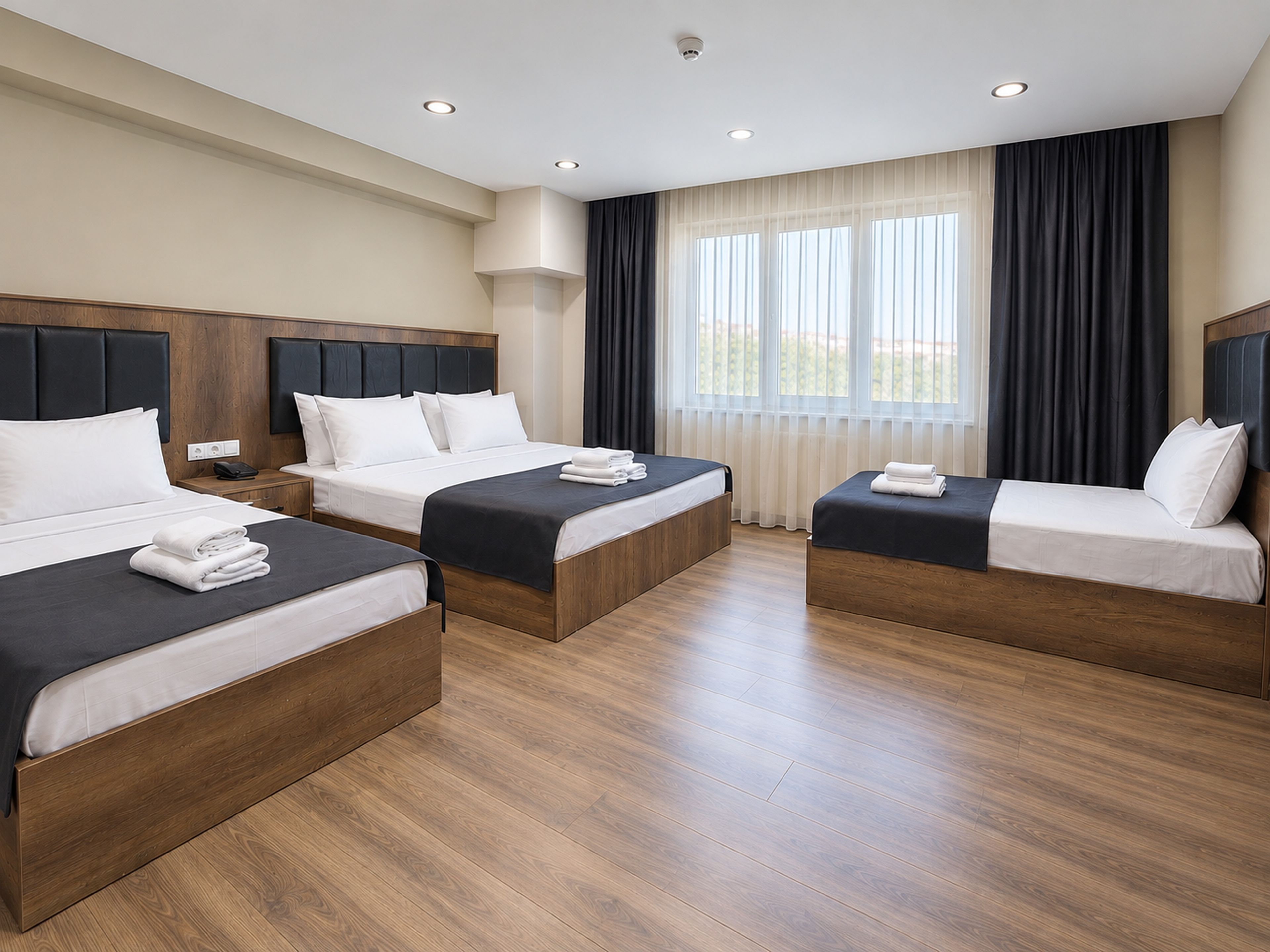 A hotel room with two beds, wooden flooring, and a large window with curtains.