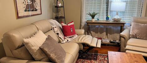 Smart TV, fireplace, books, printers