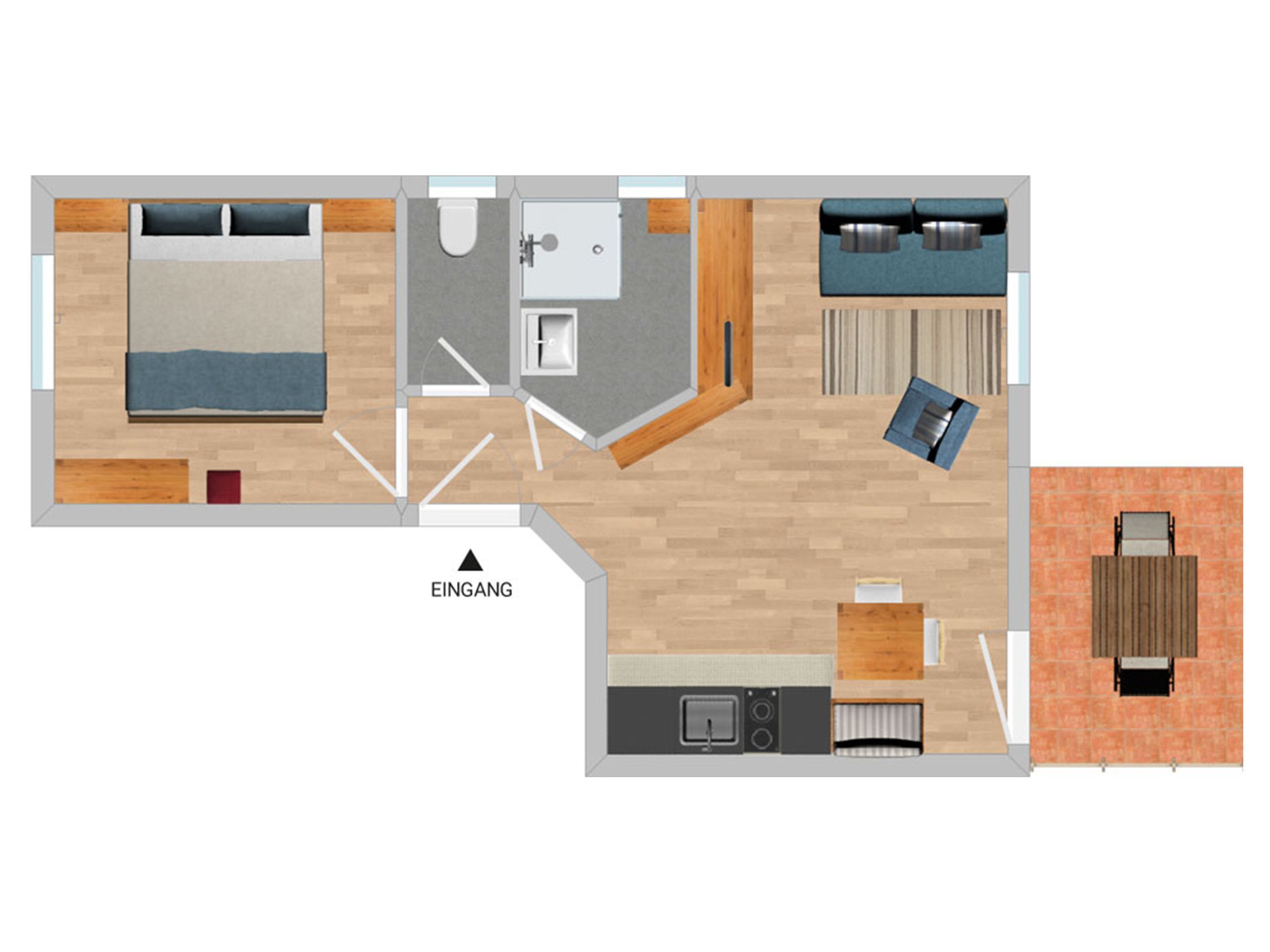Un plan d’étage d’une chambre d’hôtel comprenant un lit, une salle de bain, un coin cuisine et un espace salon.