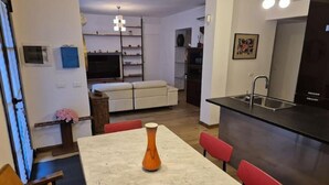 Un salon moderne comprenant un canapé, une table à manger avec des chaises, un coin cuisine avec un évier et un téléviseur.