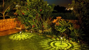 Ein Garten mit Rasen und verschiedenen Pflanzen, darunter ein Baum mit roten Blüten.