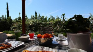 An outdoor dining table with food, a potted plant, and a clear view of the garden. - Farmhouse in Montalto Near Sandy Beaches (Montalto di Castro)