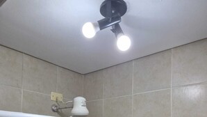 A shower with a glass enclosure, a ceiling-mounted light fixture, and a wall-mounted heater.