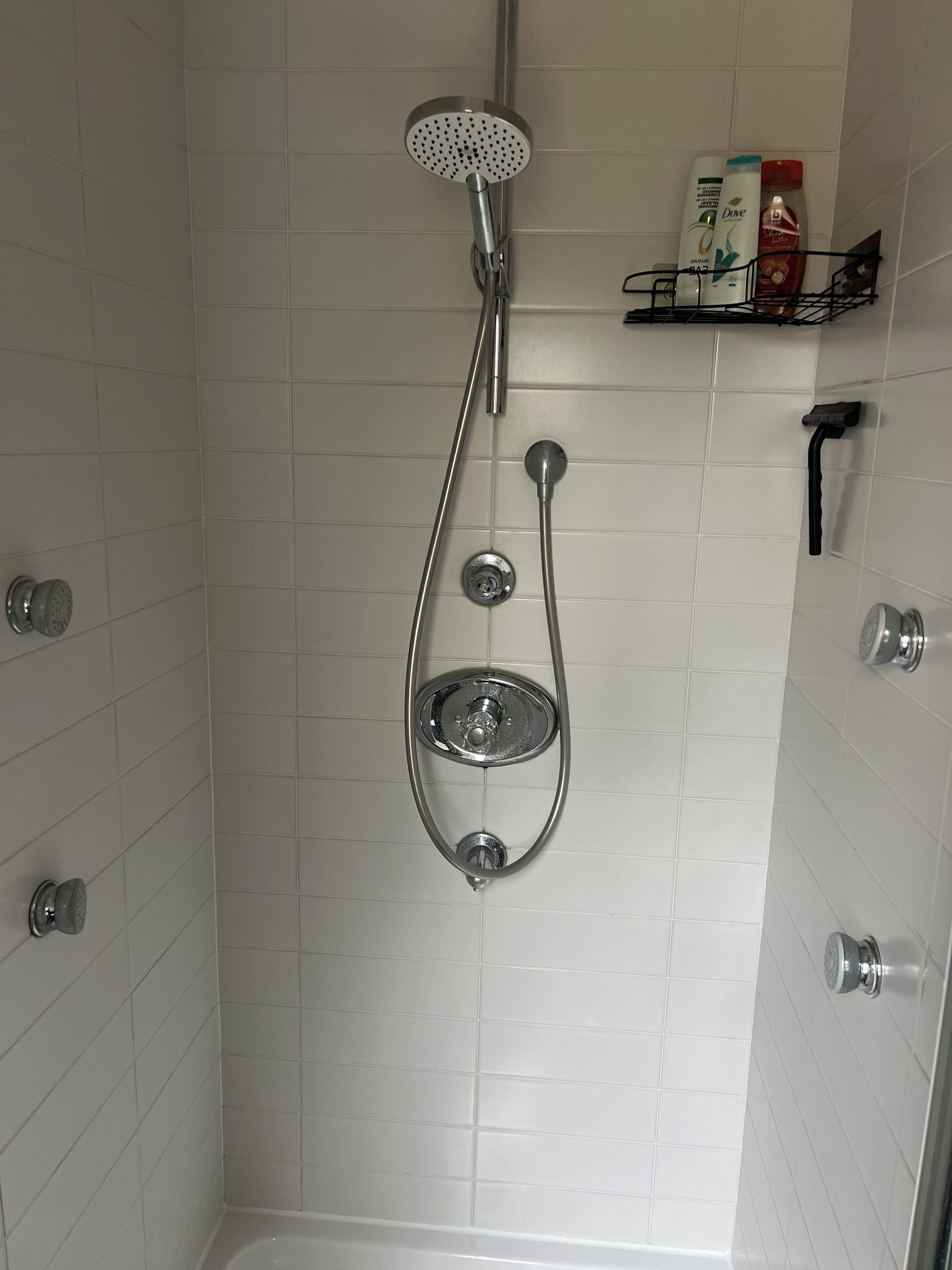 Hair dryer, towels, soap, shampoo