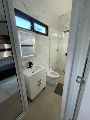 Shower, towels, soap, toilet paper