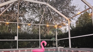 Una piscina con un flotador con forma de flamenco rosa, rodeada por una zona cubierta con luces de cuerda.