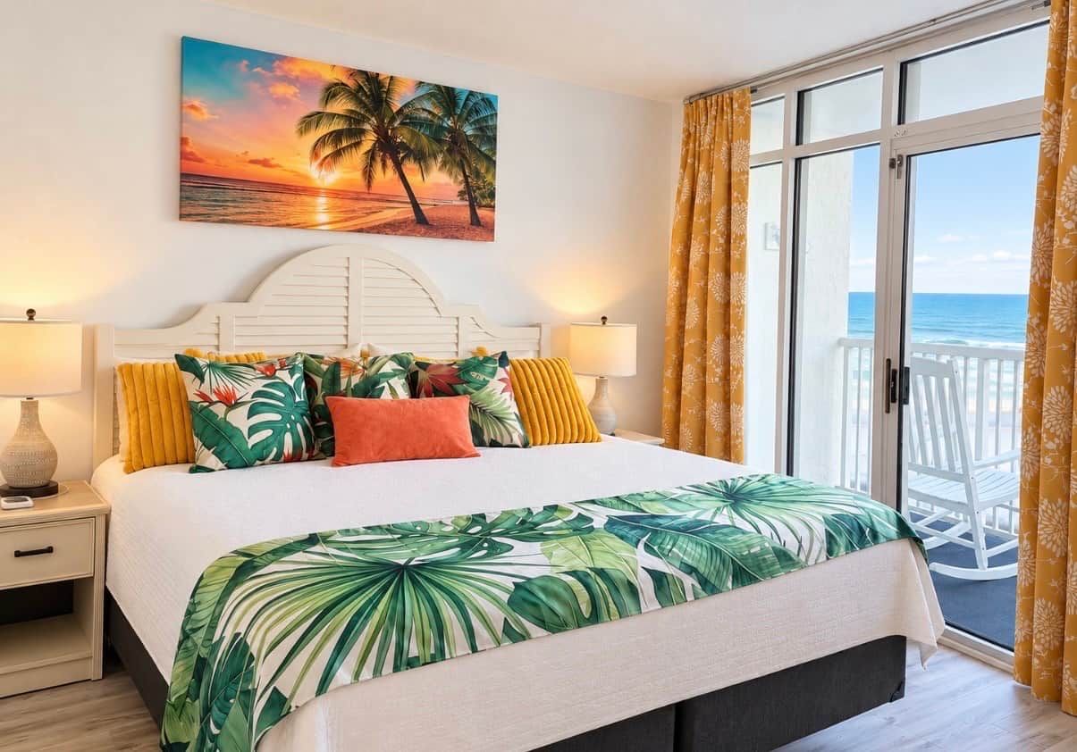 Une chambre d’hôtel avec un lit, une table de chevet, une lampe, un tableau représentant un coucher de soleil et une vue sur l’océan par une porte coulissante.