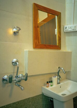 Hair dryer, bidet, towels, soap