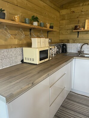 Fridge, microwave, stovetop, coffee/tea maker