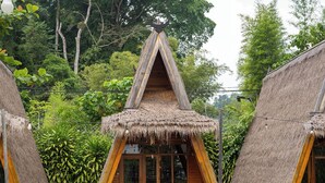 A thatched-roof structure with a wooden interior, a balcony, and a wooden deck. - Torau Resort (Toinasa)