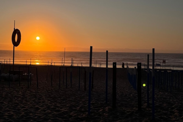 En la playa, arena blanca, camas de playa, sillas reclinables de playa