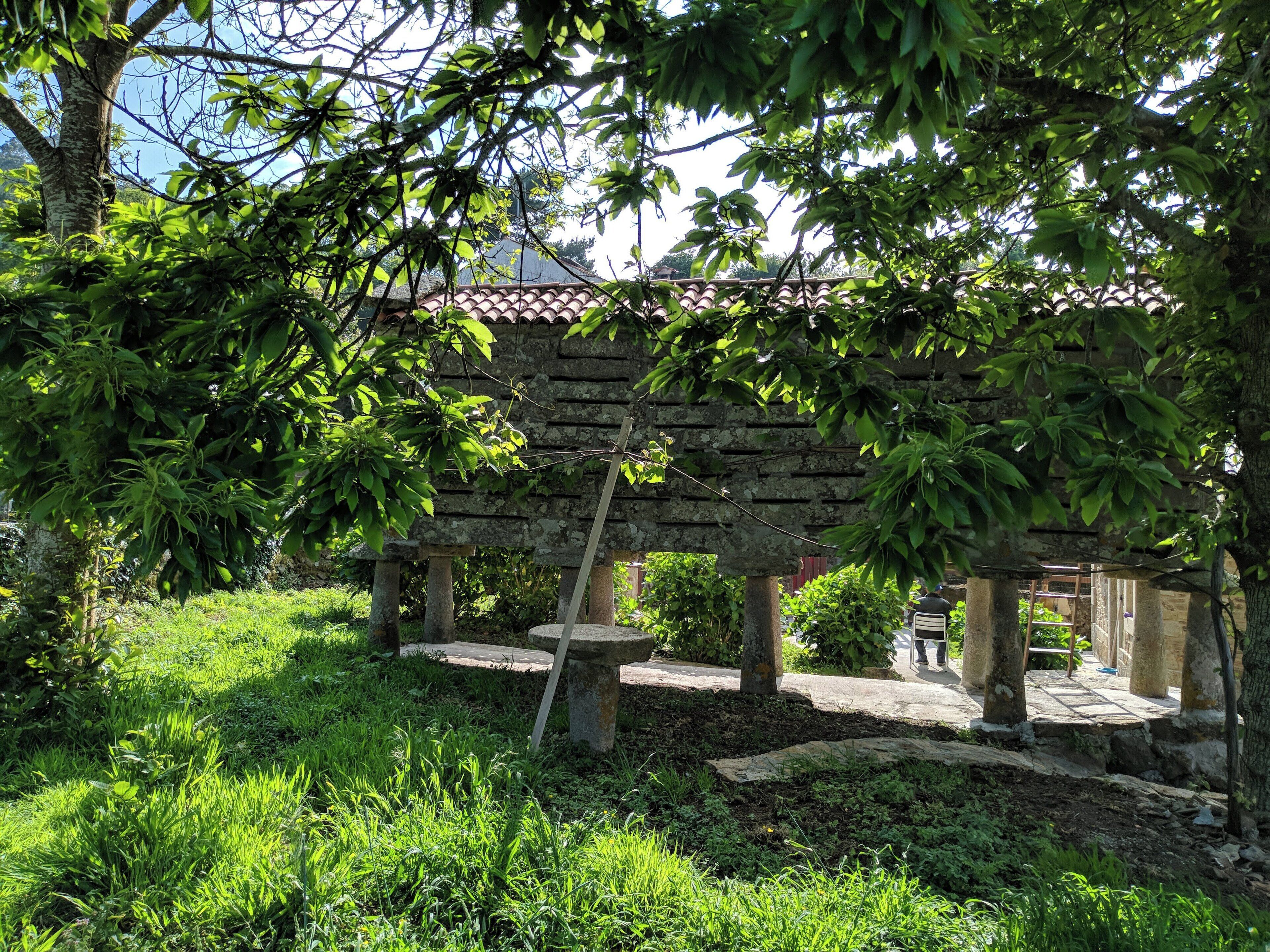 A stone structure with a tiled roof, surrounded by lush greenery and trees.