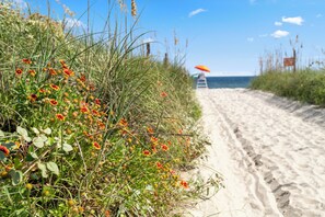 A sandy beach path with red flowers and a lifeguard tower in the distance.