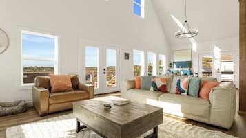 Smart TV, fireplace, table football, books