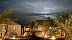 A beachfront property with wooden cabins, outdoor seating, and a view of the ocean. - Adrar Luxury Camp (Rissani)