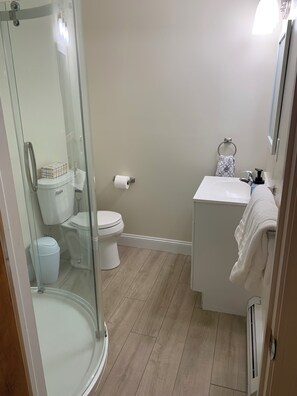 Dusj, håndklær, såpe og toalettpapir