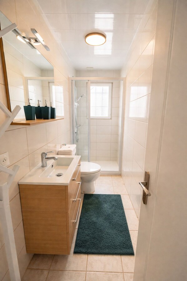 A narrow bathroom with a sink, mirror, and shower.
