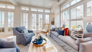 TV, fireplace, books