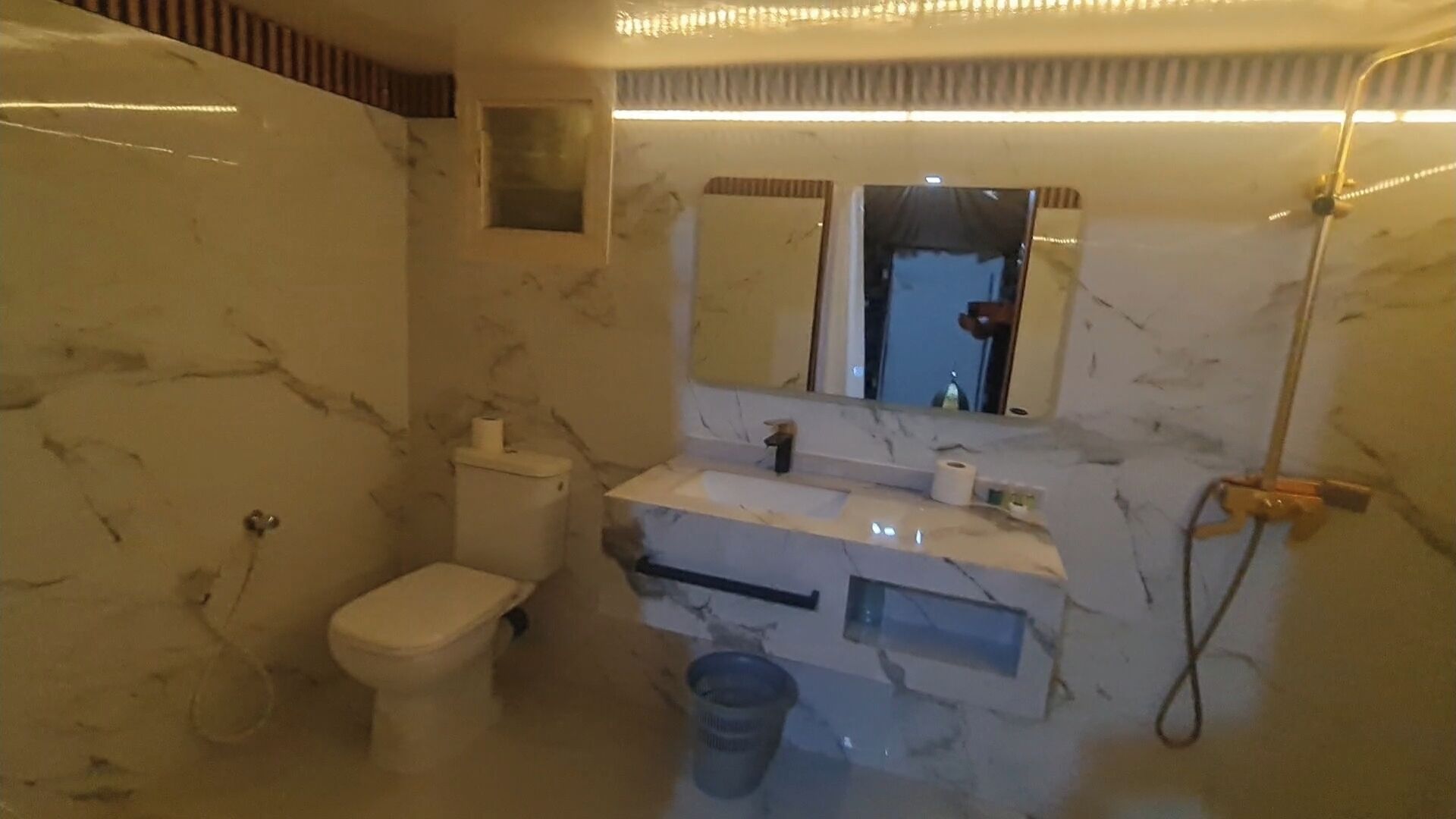Baño con inodoro, lavabo, espejo y ducha.