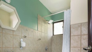 Une salle de bain avec un lavabo sur colonne, une douche et des toilettes.