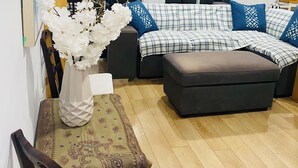 A modern living room with a sofa set, a dining table with chairs, and a decorative vase with flowers. - Cozy basement place  (Kentville)
