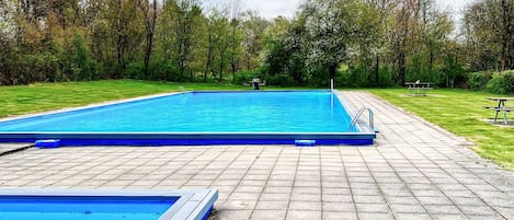 A rectangular swimming pool with a tiled deck, surrounded by a grassy area and trees.