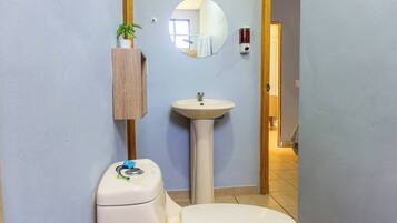 A bathroom with a toilet, sink, and mirror.